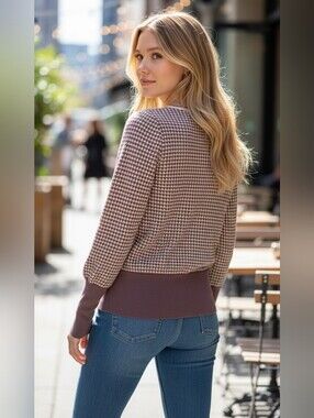 Faconnable Silk & Cotton Houndstooth V-Neck Sweater Brown and Cream Size Small